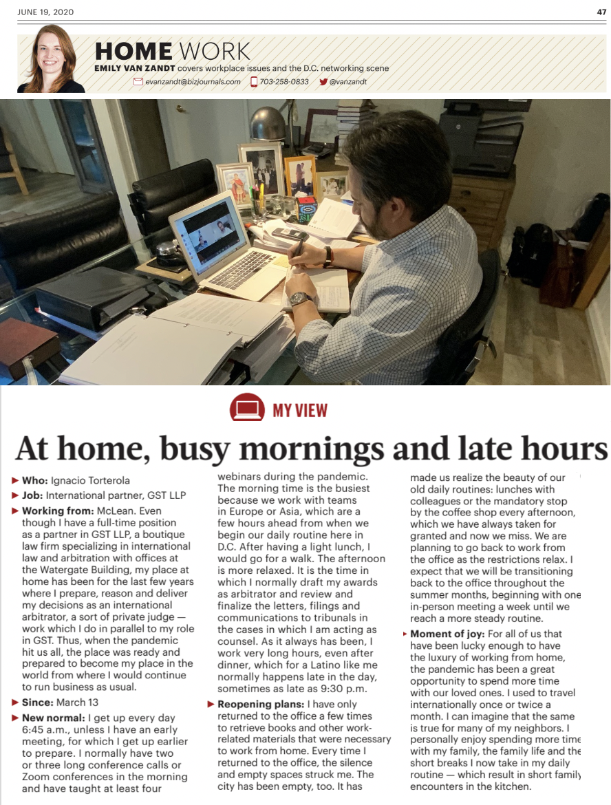 gstllp's tweet photo. #GSTLLP Partner Ignacio Torterola in @WBJonline giving an inside look into how he works from home. Spoiler alert: it involves a lot of early morning @zoom_us meetings & post-lunch neighborhood strolls. Thank you @vanzandt for the feature! https://t.co/UhBxr1euHl #lawyerlife #WFH https://t.co/8VWq3i1uvN