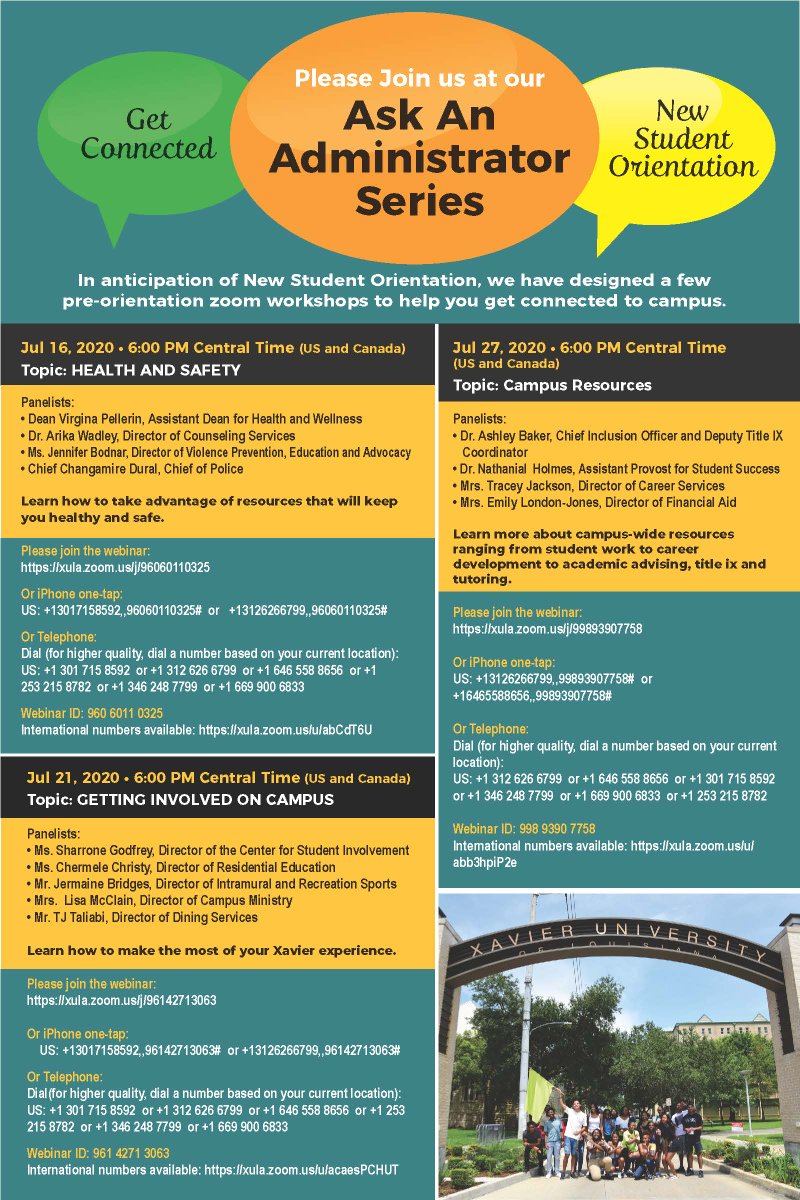 xulagold's tweet photo. Before you arrive on campus for orientation, log in to these Zoom sessions July 16, 21 and 27 — all starting at 6 p.m. CDT — to continue your prep for the fall semester.
#TeamGold #HailAllHailXU #NAIATogether https://t.co/qhRwBFvcIp