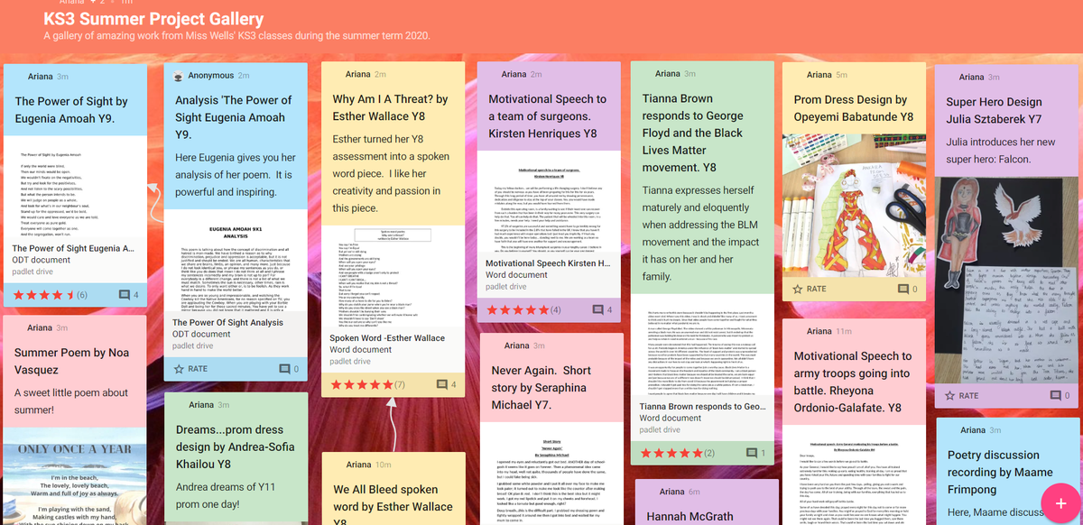 ArianaFWells's tweet photo. More amazing KS3 English work added to the summer project PADLET: https://t.co/UOAX6l5Vw6  The girls have been working hard on their creativity this term.  Go check out their work and give them encouraging comments &amp; star ratings! Some fantastic writers and designers in the mix! https://t.co/StOrwxVbBX