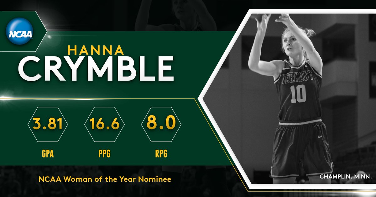 Congratulations to <a href="/uvmwbb/">UVM Women's Basketball</a>’s 2020 graduate <a href="/HannaCrymble/">Hanna Crymble</a> <a href="/UVMathletics/">UVM Athletics</a>' <a href="/NCAA/">NCAA</a> Woman of the Year Nominee! Learn more about the record 605 nominees here - go.uvm.edu/p8zcu #ThisIsVermont #3Pillars