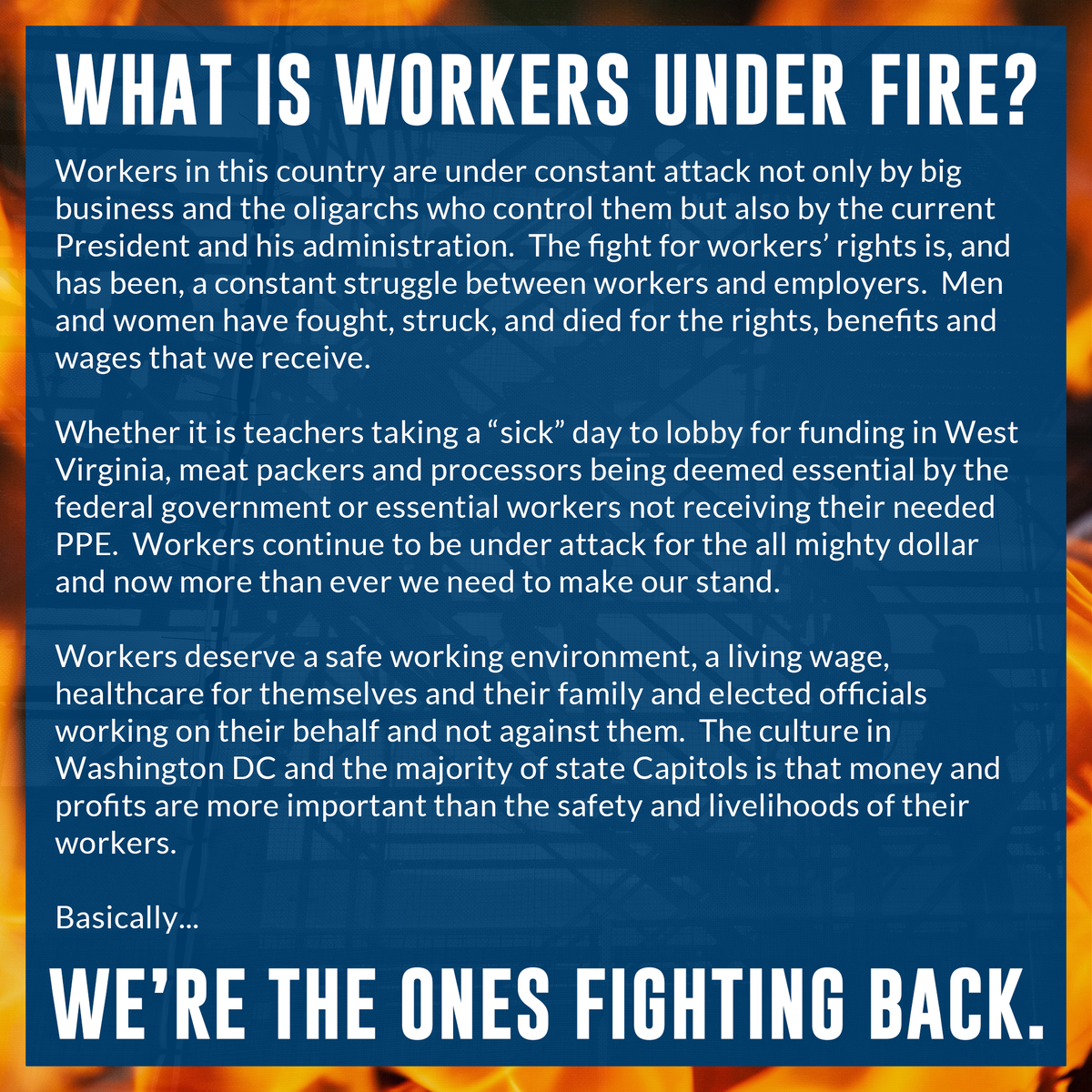 WUFSite's tweet photo. Workers are under #fire 🔥 in every state in the nation in different ways and from different groups - we're going to be making sure #workers 🧑‍🏭👷👨‍💼 know what's happening and who's doing it. Want to know more about WUF? Check out these images: https://t.co/zA3RthYdN9