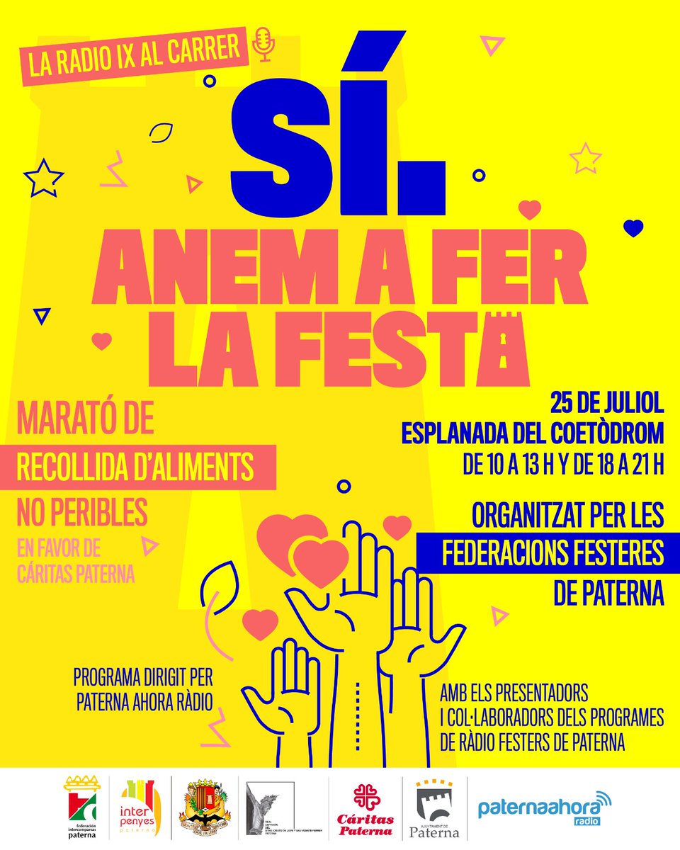 💥SÍ. ANEM A FER LA FESTA!

Maratò solidaria de recollida d'aliments no peribles en favor de Càritas Paterna.

Dissabte 25 de juliol de 2020 a l'esplanada del #Coetòdrom.

COL·LABORA!

Gràcies de tot ❤️!

#AnemAFerLaFesta #FestesPaterna #CàritasPaterna