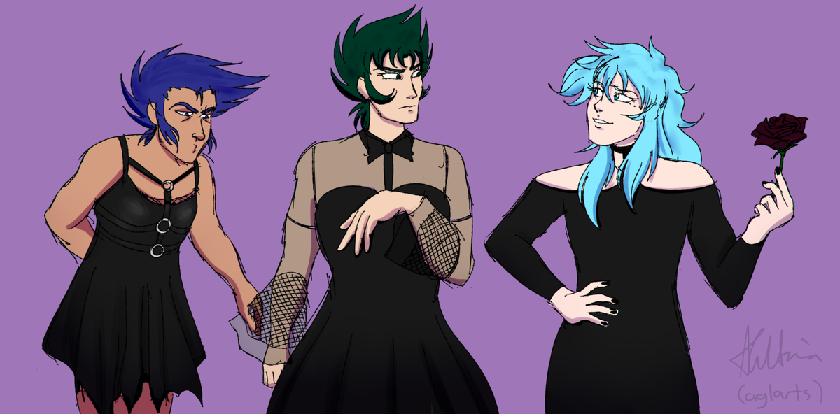 _aglarts_'s tweet image. silly sketchy drawing of seafood goldies, but they're in goth dresses 👀

--
#saintseiya #cancerdeathmask #capricornshura #piscesaphrodite