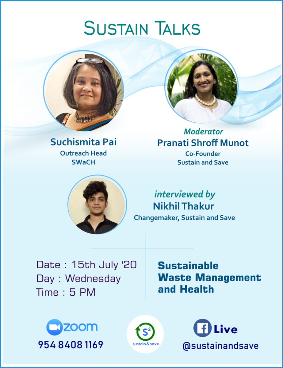sustain_andsave's tweet photo. Join us live for an interactive and interesting interview session with Mrs. Suchismita Pai, Outreach Head at SWaCH.
Topic: Sustainable waste management and health
Join Zoom Meeting
https://t.co/BMyCjUPi3n
Meeting ID: 954 8408 1169
Registration Link : https://t.co/05znzLay0O https://t.co/Rl1kFzPeys