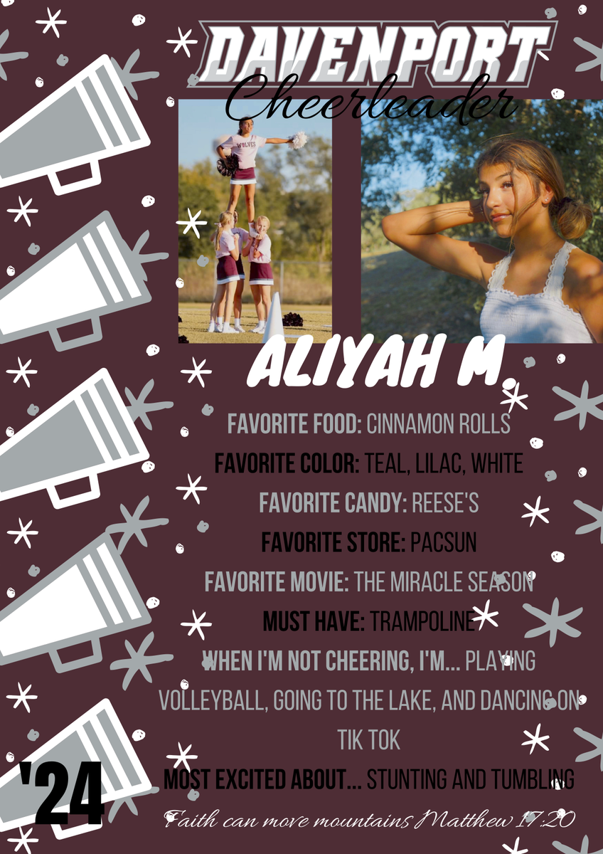 dhs_wolvescheer's tweet photo. Today is the day to meet YOUR very first Davenport High School Cheerleaders! Introducing our FRESHMAN Cheerleaders, starting with Aliyah M! #dhscheer #classof2024 #davenportwolves #buildthepack @Davenport_HS @DavenportWolves @BuildThePack https://t.co/5UL5H3x2Zv