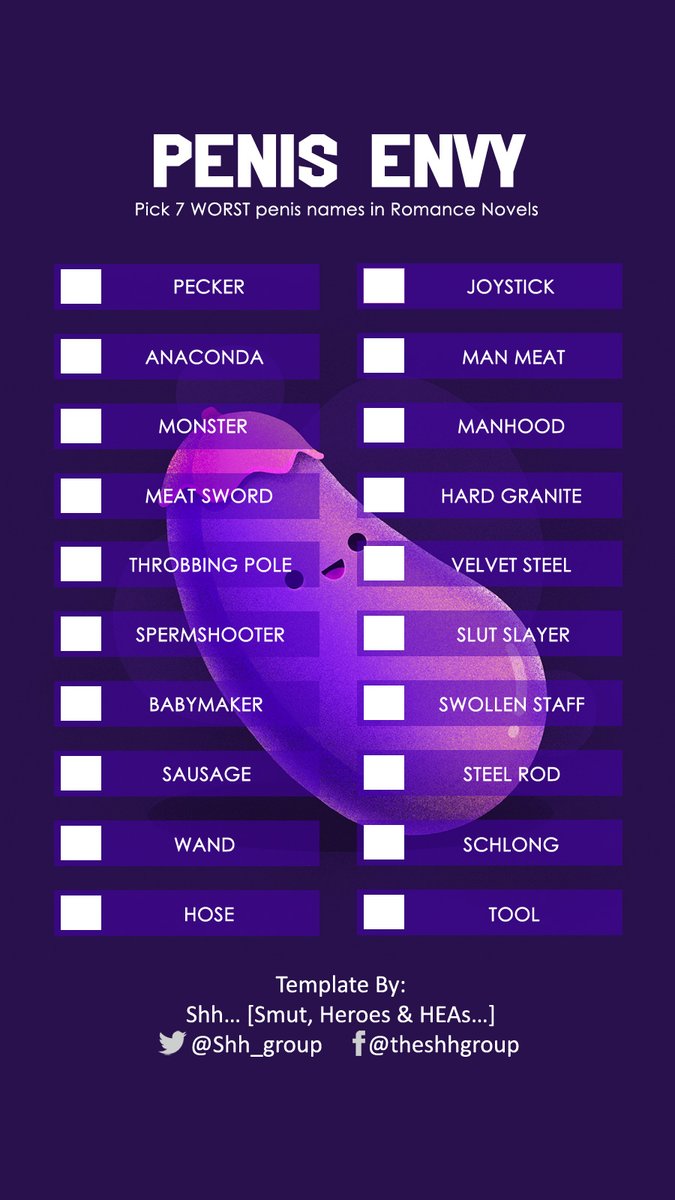 Shh_group's tweet photo. Pick 7 worst penis names in Romance novels!
Save the image, select your choices then post in comment, or type choices in your comment.
#ShhGroup #BookTalk #BookishPoll #BookCommunity #RomanceReaders #BookishGame https://t.co/Bb5YevSLWZ