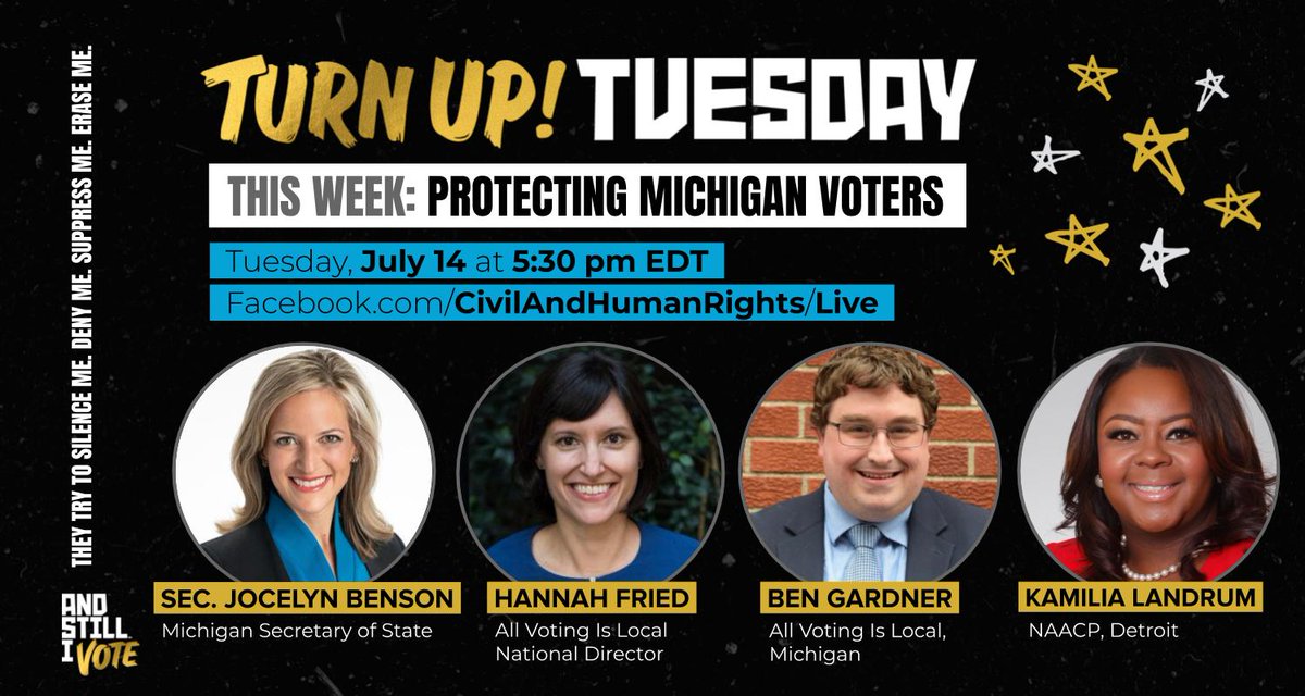 Graphic promotes today's Facebook Live event featuring Jocelyn Benson, Hannah Fried, Ben Gardner, and Kamilia Landrum.