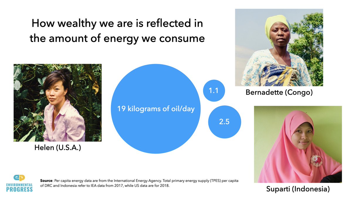 All of these positive trends require consuming larger quantities of energyEnergy consumption allows prosperity and moving from wood and dung to fossil fuels to nuclearI illustrate this through the three heroines of Apocalypse Never: Bernadette, Suparti, and Helen