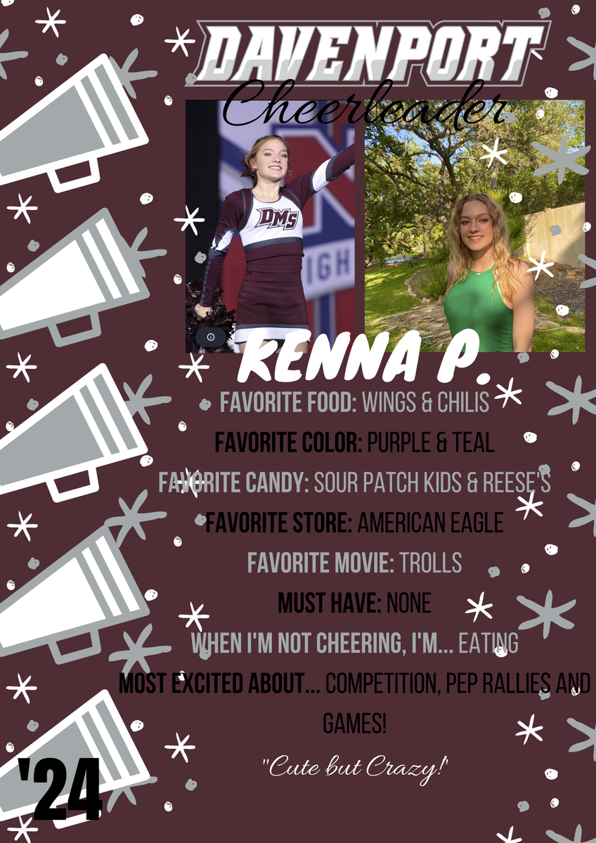 dhs_wolvescheer's tweet photo. Today is the day to meet YOUR very first Davenport High School Cheerleaders! Introducing our FRESHMAN Cheerleaders, Miss Kenna P! #dhscheer #classof2024 #davenportwolves #buildthepack @Davenport_HS @DavenportWolves @BuildThePack https://t.co/kQPfft5uE6