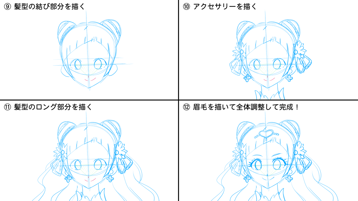 かぐ猫 私がイラストで正面顔を描くときの工程をまとめてみました 私が正面 顔を描くときは 下記画像1 3の工程を踏んで描くようにしています というわけで エール様の正面顔を描いてみました