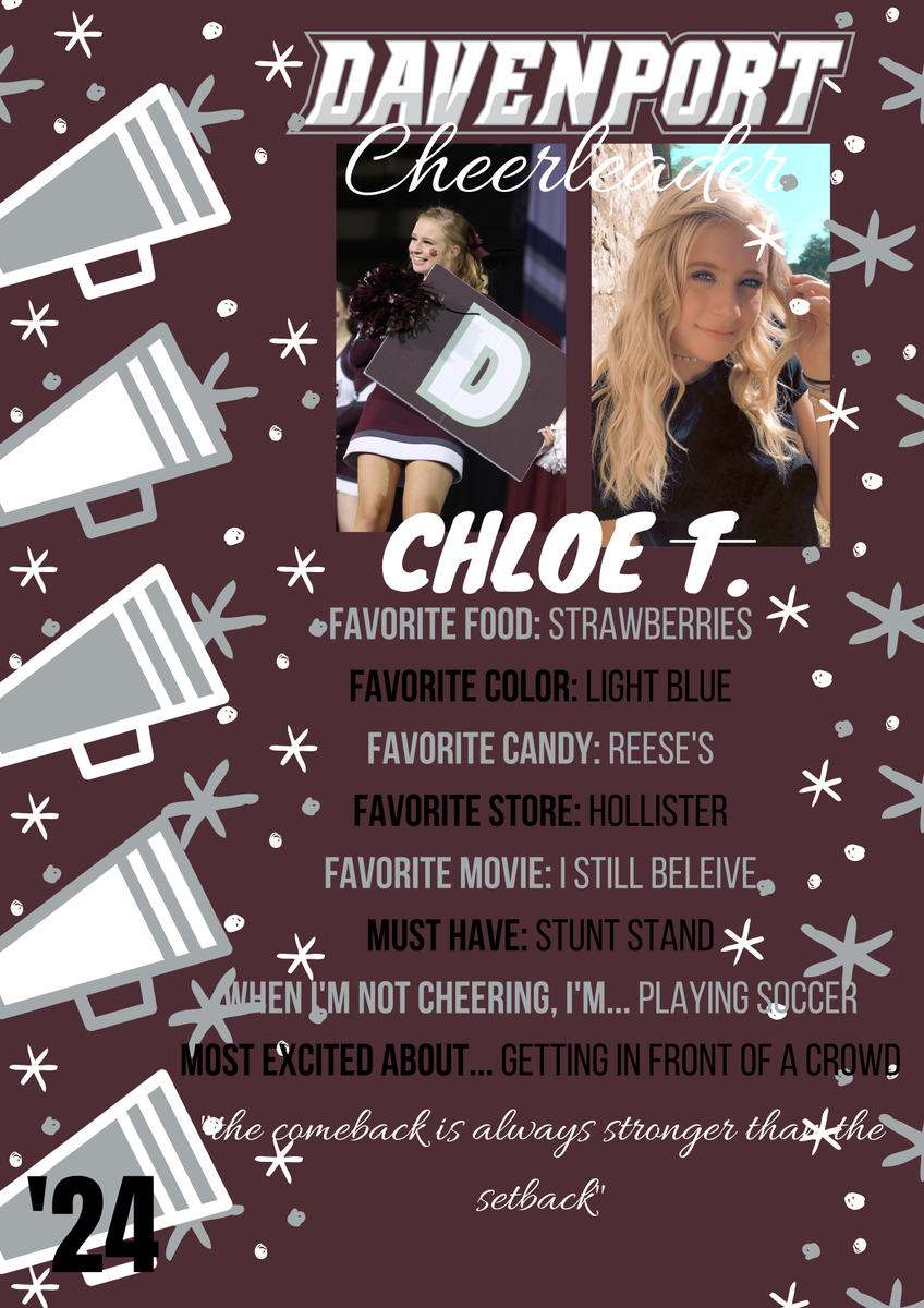 dhs_wolvescheer's tweet photo. Today is the day to meet YOUR very first Davenport High School Cheerleaders! Introducing our FRESHMAN Cheerleaders, Miss Chloe T.! #dhscheer #classof2024 #davenportwolves #buildthepack @Davenport_HS @DavenportWolves @BuildThePack https://t.co/0Mc416b13D