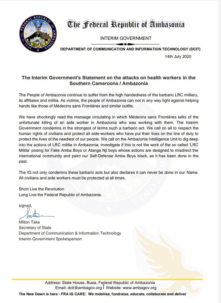 PatrickNjwoman's tweet photo. Health workers, hospitals & places of worship must be protected under int’l humanitarian law during war or conflicts. Killing of any health worker is #barbaric & can’t b #tolerated in Southern Cameroons. #237dialogue
@MSF_WestAfrica @hrw @AmnestyWARO https://t.co/jI4cD1EPlw