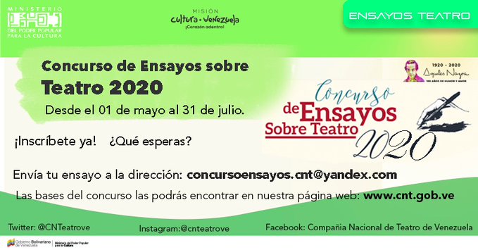 #EpaEsContigo 📢 | ¿Deseas participar en el Concurso de Ensayos sobre Teatro del año 2020? Envía tu escrito al correo: concursoensayos.cnt@yandex.com.
¡Actívate!

#14Jul 
#PrevenciónEsVida 
<a href="/CNTeatroVe/">CNTVenezuela</a>