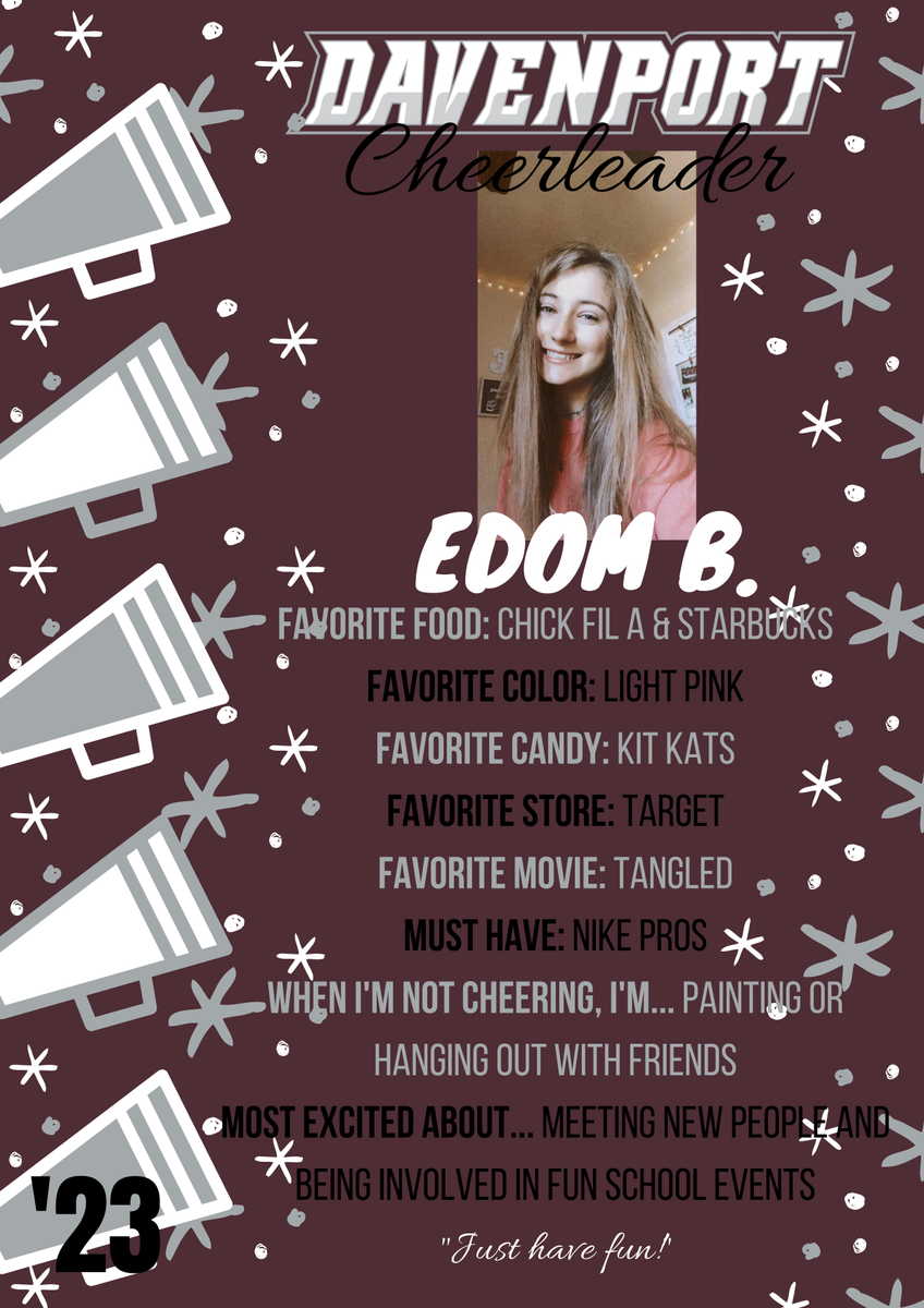 dhs_wolvescheer's tweet photo. Today is the day to meet YOUR very first Davenport High School Cheerleaders! Introducing our SOPHOMORE Cheerleaders, Miss EDOM B.! #dhscheer #classof2023 #davenportwolves #buildthepack @Davenport_HS @DavenportWolves @BuildThePack https://t.co/muCR8VY8Jc