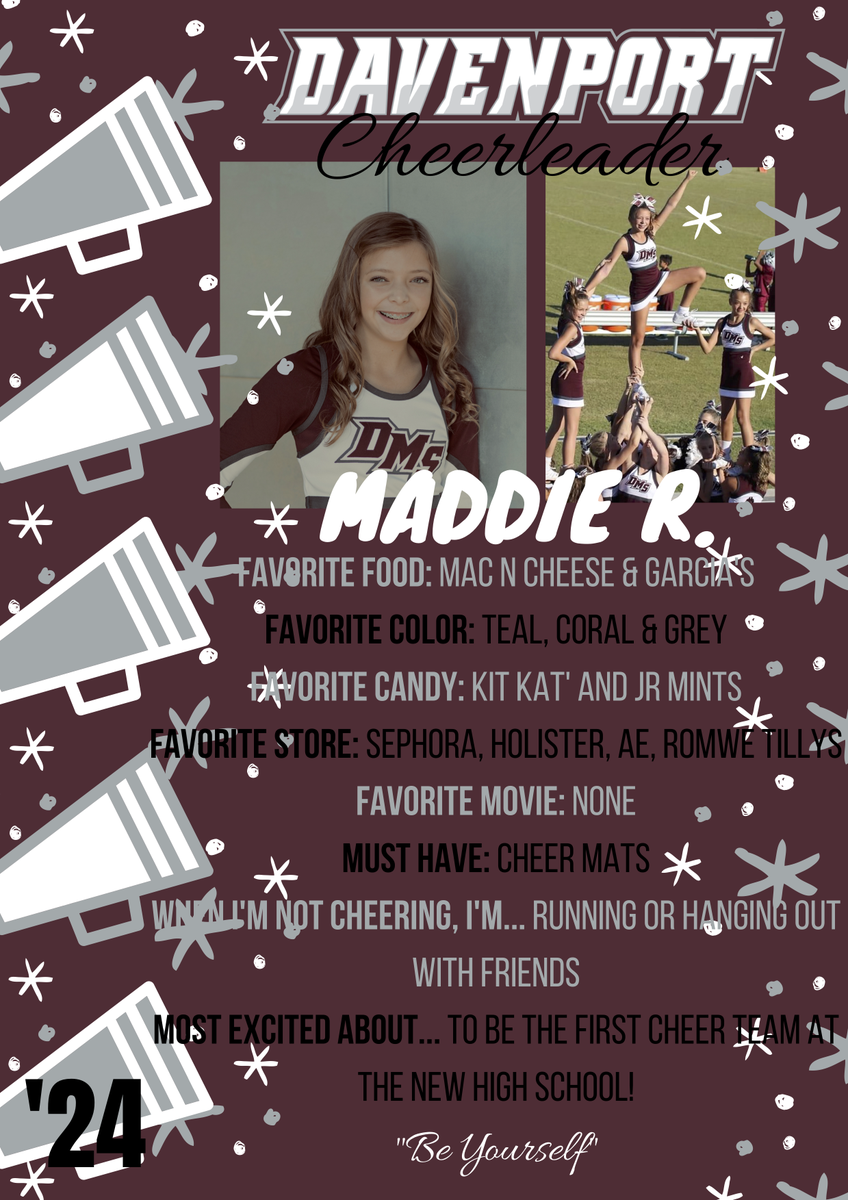 dhs_wolvescheer's tweet photo. Today is the day to meet YOUR very first Davenport High School Cheerleaders! Introducing our FRESHMAN Cheerleaders, Miss Maddie R.! #dhscheer #classof2024 #davenportwolves #buildthepack @Davenport_HS @DavenportWolves @BuildThePack https://t.co/HYhU5bcAwW
