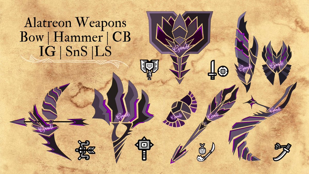 Gaudium017's tweet photo. Alatreon weapon icons. Added more. Maybe I’ll complete them. 😄
#MonsterHunterWorld #MHWIB #Alatreon https://t.co/ieQo7yiLDw