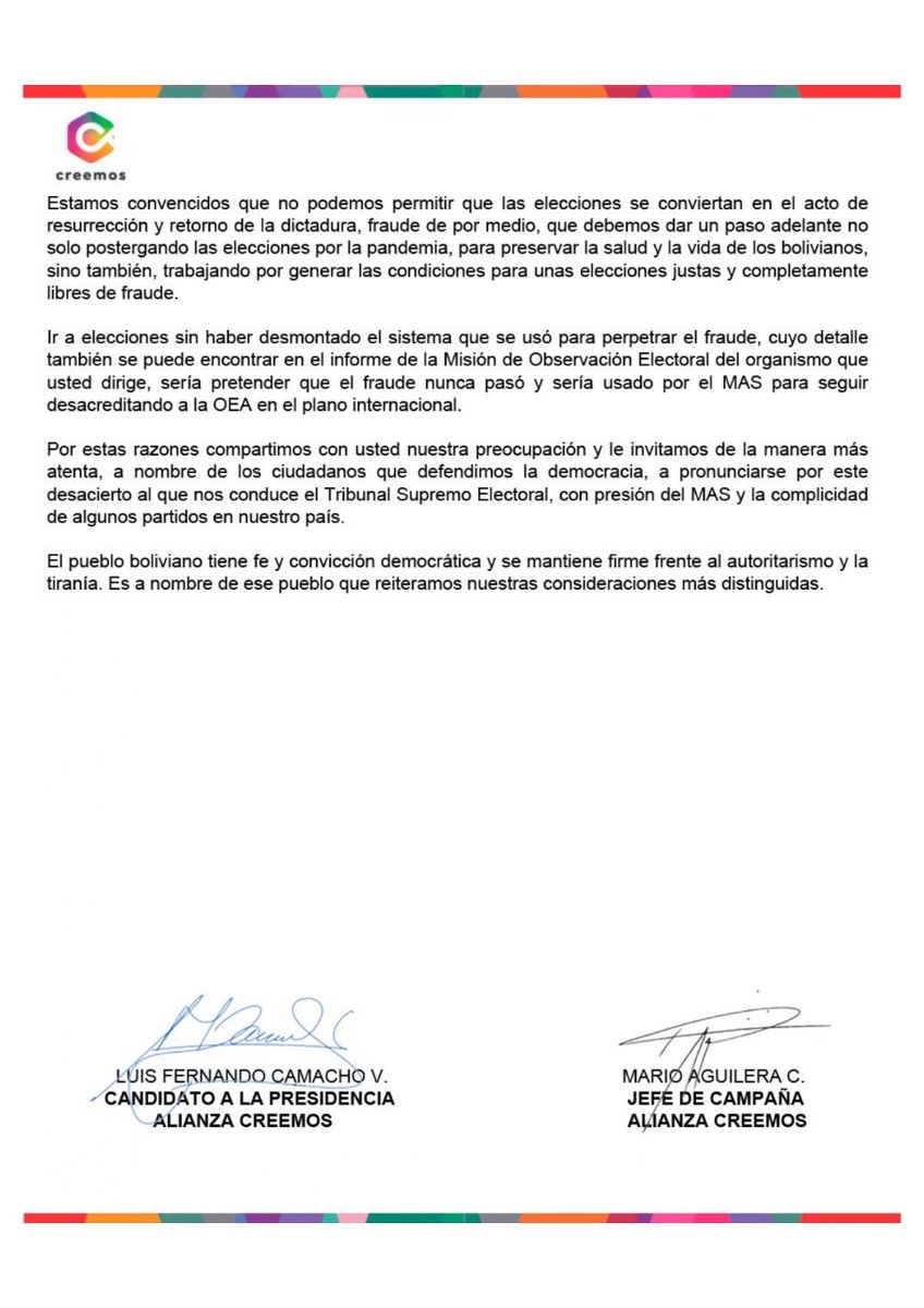 LuisFerCamachoV's tweet photo. Como Alianza Creemos enviamos una carta al Sr. @Almagro_OEA2015, secretario de la Organización de Estados Americanos (OEA), invitándolo a pronunciarse acerca del proceso electoral del 6/09 que pondrá en riesgo la salud y la democracia de los bolivianos. 
Sigue https://t.co/WTcExXNjUP