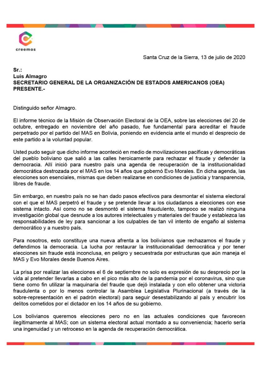 LuisFerCamachoV's tweet photo. Como Alianza Creemos enviamos una carta al Sr. @Almagro_OEA2015, secretario de la Organización de Estados Americanos (OEA), invitándolo a pronunciarse acerca del proceso electoral del 6/09 que pondrá en riesgo la salud y la democracia de los bolivianos. 
Sigue https://t.co/WTcExXNjUP