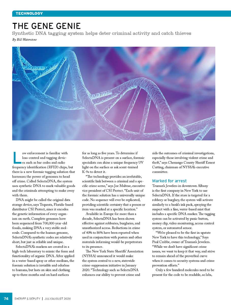 Csiprotect's tweet photo. SelectaDNA highlighted in newest issue of 'Sheriff &amp; Deputy' magazine, from National Sheriffs' Association. Read full article at https://t.co/U0ZhaMgUPf 
#sheriffs #LawEnforcement #forensicmarking #forensicmarkingtechnologys @NationalSheriff @NYSheriffs #crimeprevention https://t.co/Iitf4UBCco