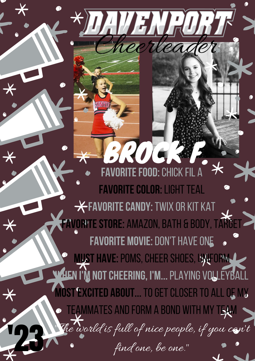 dhs_wolvescheer's tweet photo. Today is the day to meet YOUR very first Davenport High School Cheerleaders! Introducing our SOPHOMORE Cheerleaders, Miss BROCK F. ! #dhscheer #classof2023 #davenportwolves #buildthepack @Davenport_HS @DavenportWolves @BuildThePack https://t.co/NehUVbqTBo