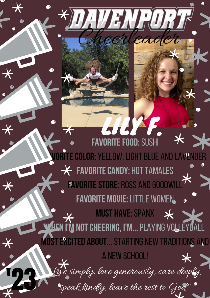 dhs_wolvescheer's tweet photo. Today is the day to meet YOUR very first Davenport High School Cheerleaders! Introducing our SOPHOMORE Cheerleaders, Miss LILY F! #dhscheer #classof2023 #davenportwolves #buildthepack @Davenport_HS @DavenportWolves @BuildThePack https://t.co/YYE3Dys4KB
