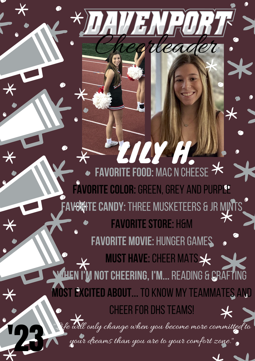 dhs_wolvescheer's tweet photo. Today is the day to meet YOUR very first Davenport High School Cheerleaders! Introducing our SOPHOMORE Cheerleaders, Miss LILY H.! #dhscheer #classof2023 #davenportwolves #buildthepack @Davenport_HS @DavenportWolves @BuildThePack https://t.co/YrojTTiwjp