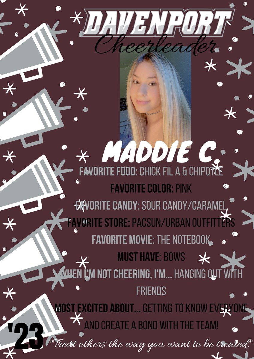 dhs_wolvescheer's tweet photo. Today is the day to meet YOUR very first Davenport High School Cheerleaders! Introducing our SOPHOMORE Cheerleaders, Miss MADDIE C.! #dhscheer #classof2023 #davenportwolves #buildthepack @Davenport_HS @DavenportWolves @BuildThePack https://t.co/edNy1WPnhv