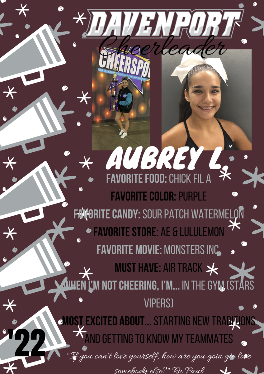 dhs_wolvescheer's tweet photo. Today is the day to meet YOUR very first Davenport High School Cheerleaders! Introducing our JUNIOR Cheerleader, Miss AUBREY L.! #dhscheer #classof2022 #davenportwolves #buildthepack @Davenport_HS @DavenportWolves @BuildThePack https://t.co/Umk6RQc8fc