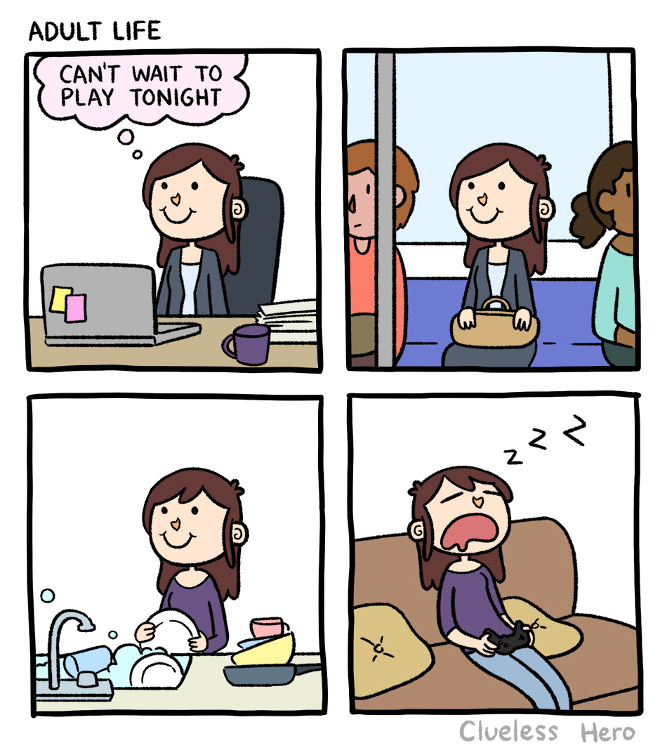 IndieGala's tweet photo. The cycle of adult life. (#gamingcomic by the talented  #cluelesshero) https://t.co/d2gUxgqqEi