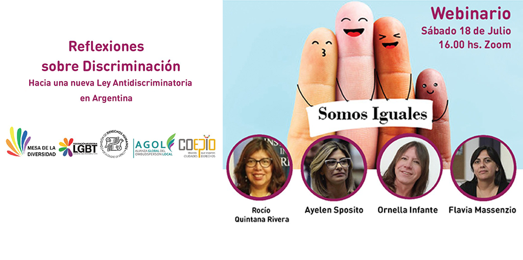 Te invitamos a seguir la transmisión del webinario “Reflexiones sobre Discriminación. Hacia una nueva Ley Antidiscriminatoria en Argentina”.

Sábado 18 de julio, a partir de las 16:00 horas por zoom