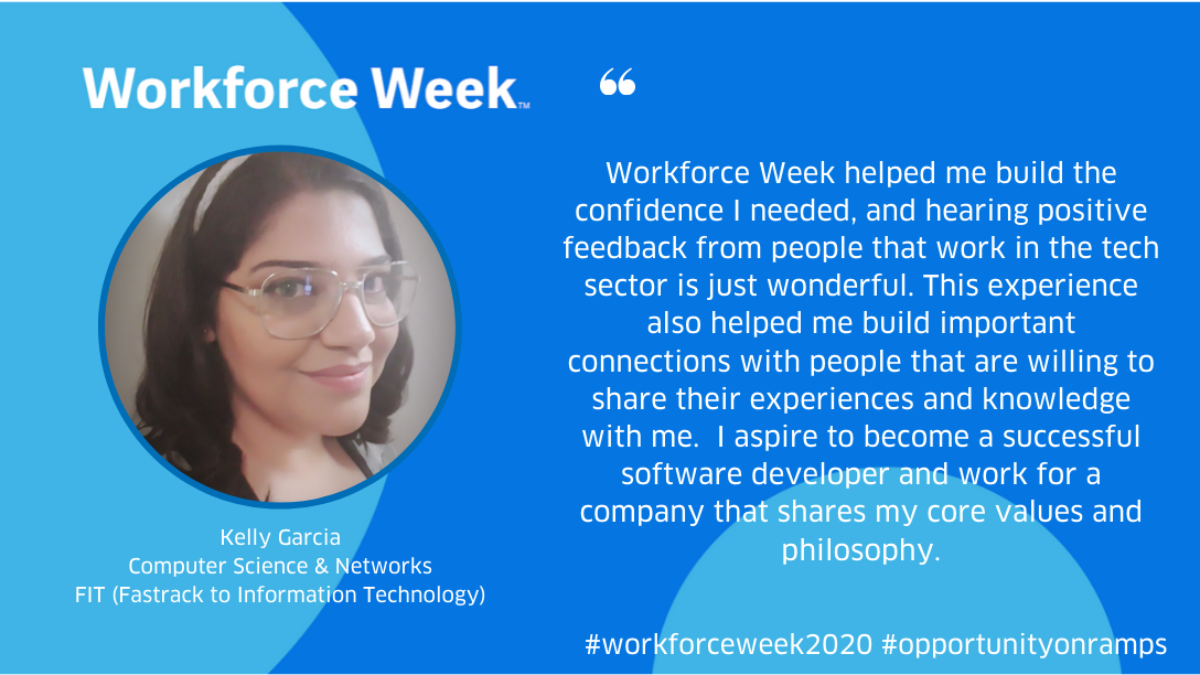 WorkdayLife's tweet photo. Thank you @FastrackintoIT, for joining us virtually for our sixth annual #WorkforceWeek. We're honored to have job seekers like Kelly share her career experiences with our Workmates. #opportunityonramps #wdayforgood https://t.co/F3rLwdPLaf