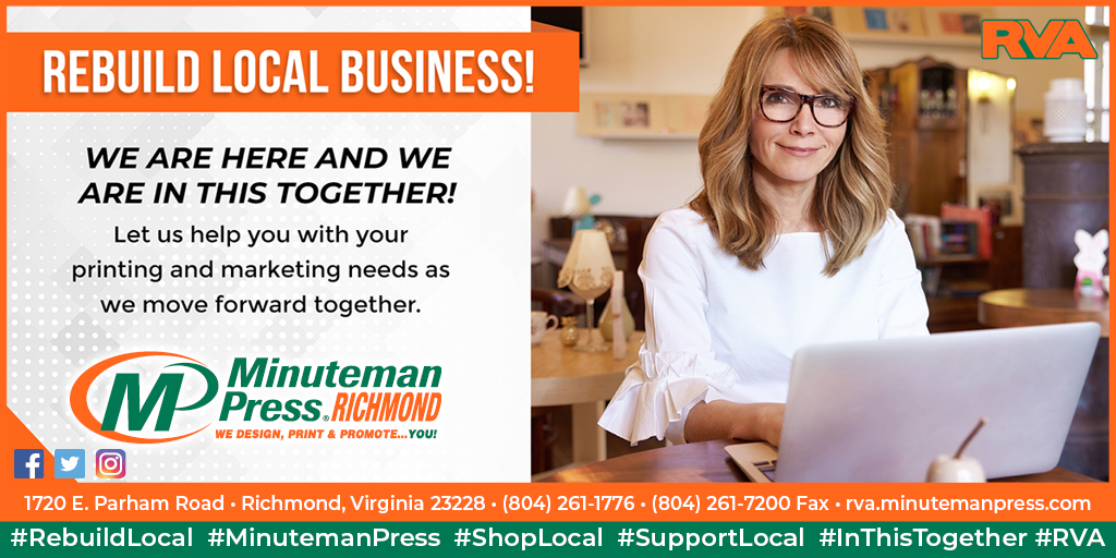 MMPofRVA's tweet photo. We are here and we are in this together!

#RebuildLocal  #MinutemanPress  #ShopLocal  #SupportLocal  #InThisTogether #Richmond #RVA #Virginia #Printing https://t.co/aZZdYe02ZN