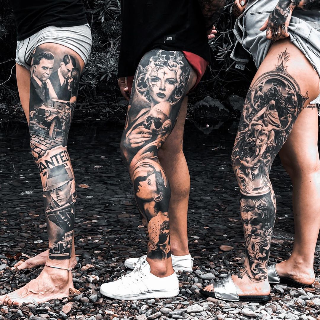 Check out this trio of incredible #healed leg sleeves from Fábio Guerreiro  using #killerinktattoo supplies! #killerink #tattoo #tattoos #bodyart #ink  #tattooartist #tattooart #healedtattoo #blackandgrey #blackandgreytattoo, image size:1080x1080