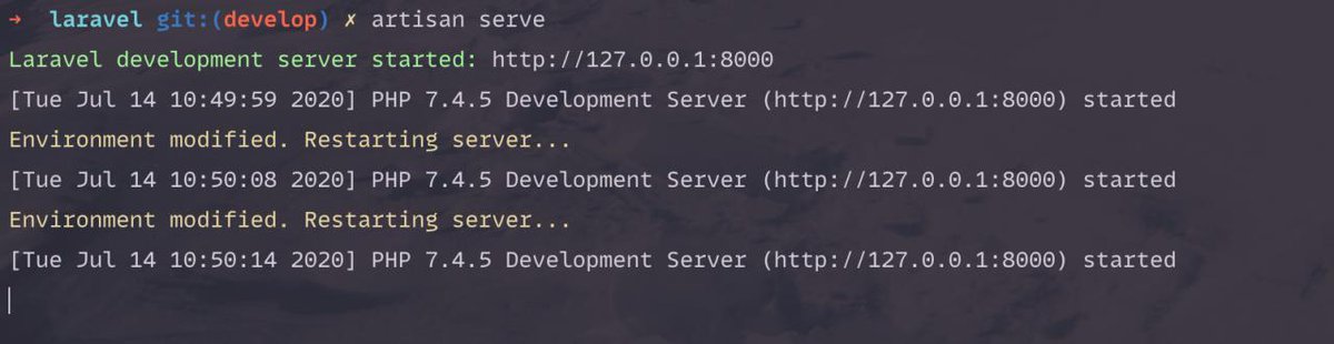taylorotwell's tweet image. Small quality of life improvement in Laravel 8.x... you no longer have to manually restart "php artisan serve" if you update your ".env" file... 🧙♂️