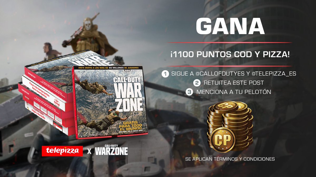 CallofDutyES's tweet photo. ⚠️ Información clasificada:
¡Sorteamos 15 pizzas y códigos de 1100 puntos COD para PS4!

Para ganar 1 de los 15 códigos y una pizza gratis, solamente debes: 

1️⃣    Seguirnos y a @telepizza_es
2️⃣    Retuitear este tweet 
3️⃣    Mencionar a tu pelotón 

#WarzoneXTelepizza #Warzone https://t.co/fMLSdaItoT