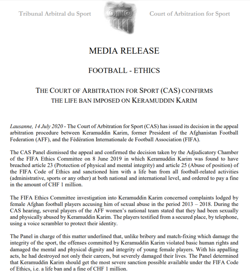 Put #ManCity appeal to one side, this media release most important to come out of #CAS this week IMO ⬇️

Given Mr. Karim's abhorrant conduct, the bravey of the female players to testify is incredible. 

FIFA statement: fifa.com/who-we-are/new…

#AthleteWelfare #HumanRights #sport