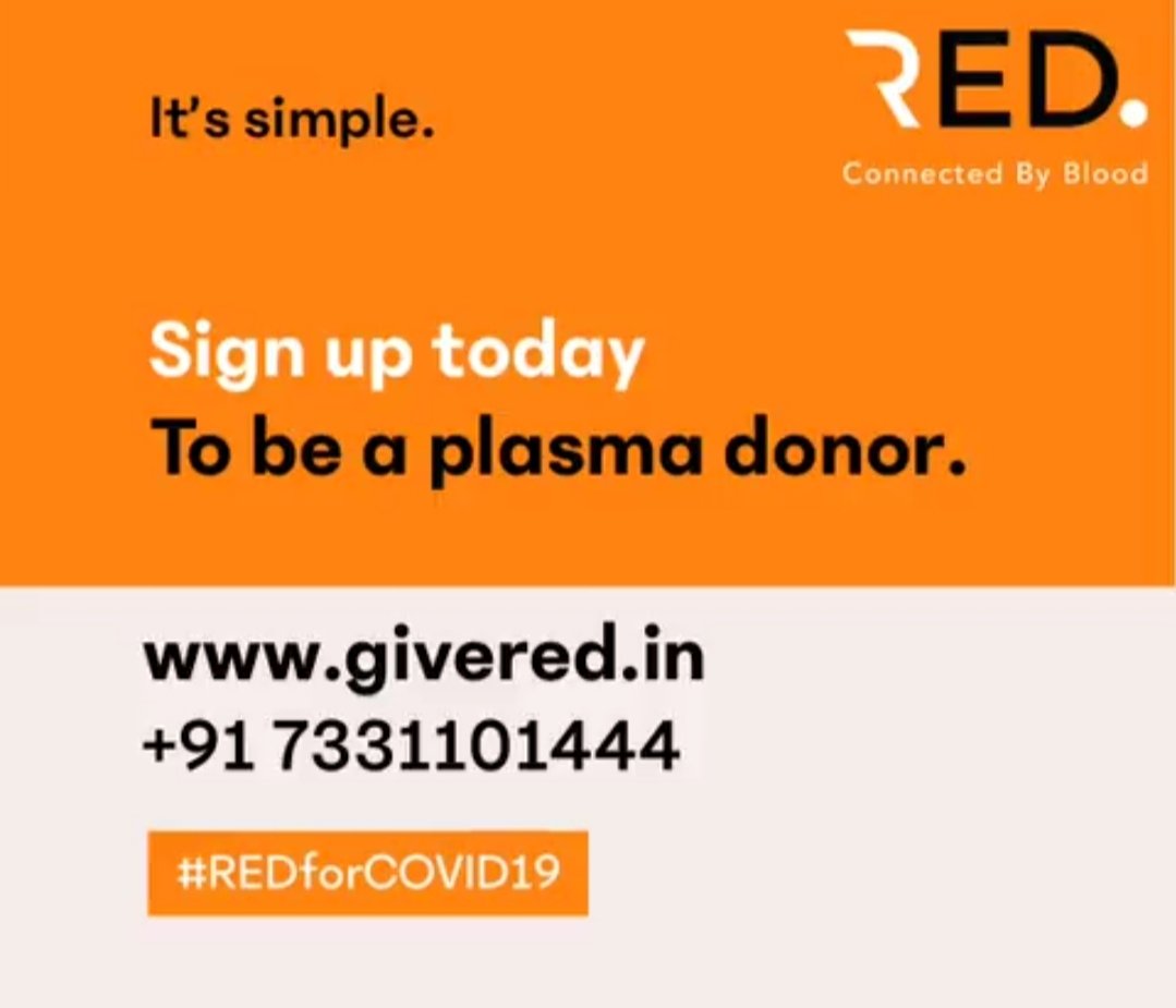 Stop spreading of #CoronaVirus by spreading the plasma. 
#donateplasma
#DonatePlasmaToEndCovid
#donateplasmaforhumanity
You can register here to donate :
givered.in