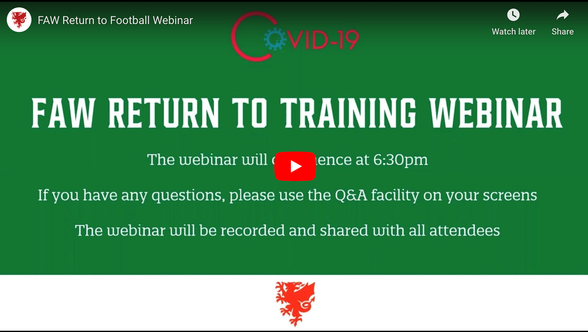 ⚽️ RETURN TO TRAINING WEBINAR

❤️ We hosted a webinar to demonstrate to our clubs how grassroots football can return, in a safe and responsible way, across Wales. 🏴󠁧󠁢󠁷󠁬󠁳󠁿 #MoreThanAGame 

📺 Watch it back here faw.cymru/en/covid-19/