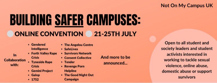NotOnMyCampusUK's tweet image. **BUILDING SAFER CAMPUSES: ONLINE CONVENTION** 

We are excited to launch our convention booklet which is to act as an itinerary for next week’s events! This booklet will contain:
 - Organisation information
 - Session information
 - Social media links
 - Sign up forms 

1/