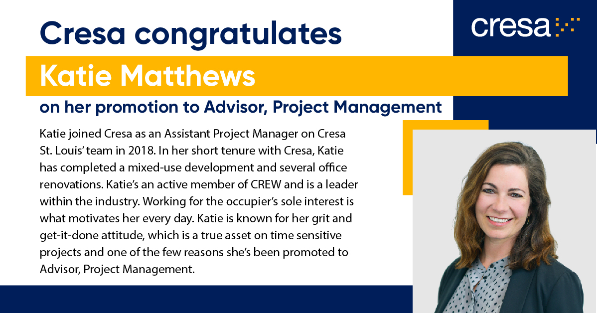 CresaSTL's tweet photo. Congratulations to Katie Matthews on her recent promotion to Advisor, Project Management! If you’ve ever seen Katie on a construction site, you would understand why she’s the best of the best and so deserving! #womeninconstruction #projectmanagment #congratulations #promotion https://t.co/UpXn02GZME