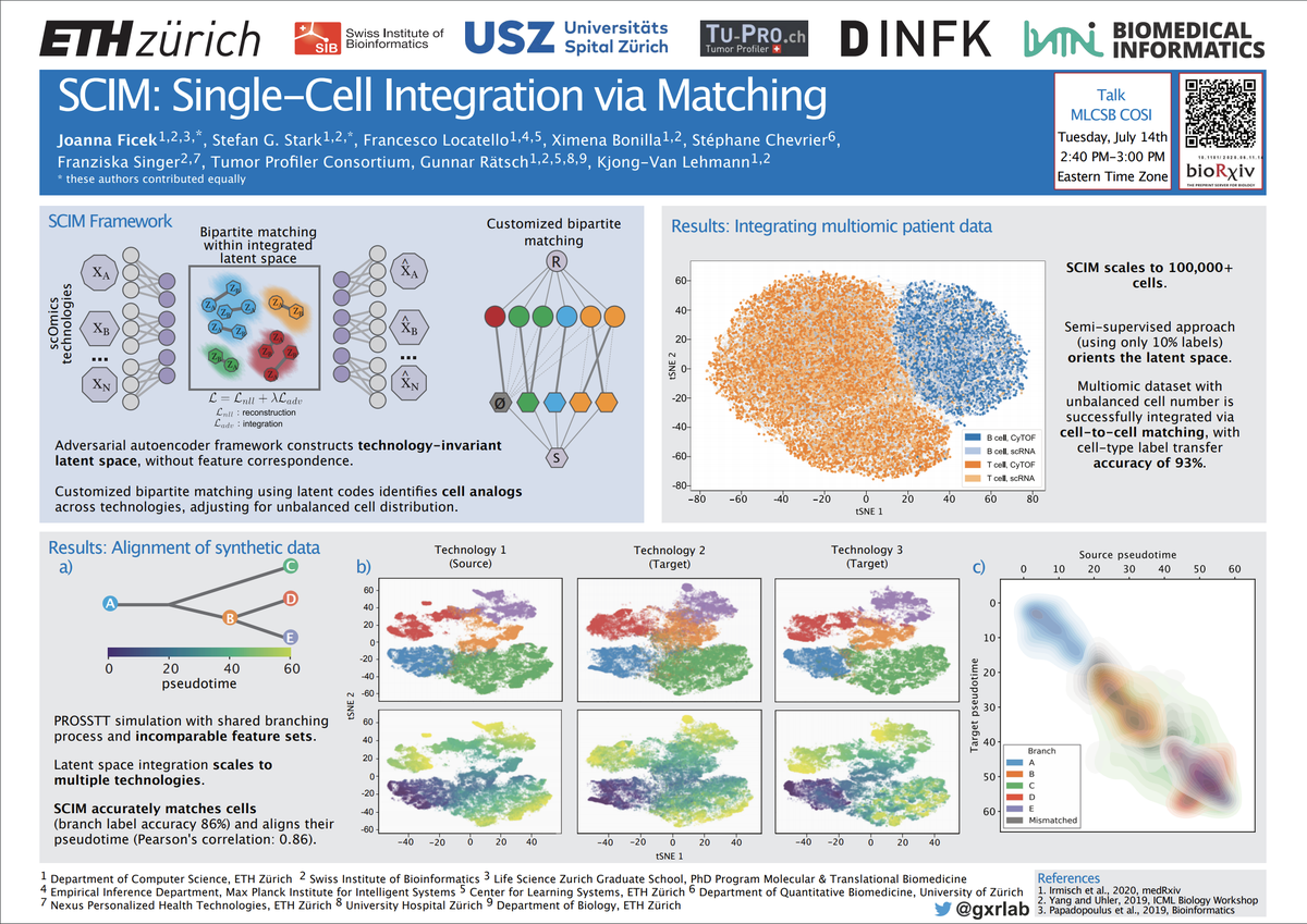 gxr's tweet photo. Come hear Stefan Stark from @gxrlab present scalable multi-modal single-cell data integration w/ SCIM framework in MLCSB COSI (w/ Joanna Ficek, Kjong Lehmann & #TuPro consortium). Today at #ISMB2020 at 2:40 PM (EDT). Poster: https://t.co/WgySHwPURM; paper: https://t.co/HdRyGWUCDk https://t.co/B72N9nd9Sz