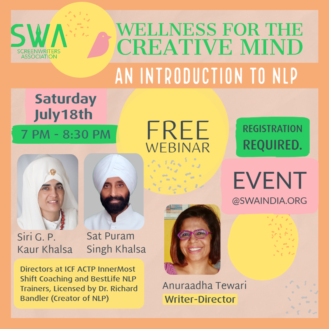swaindiaorg's tweet photo. UPCOMING EVENT
@anuraadhatewari will be in conversation with Sat and Siri Khalsa to understand how we can use #NLP methodology to address issues like stress and writers’ block.
Read more: https://t.co/DXRhRpvzK7
TO REGISTER: https://t.co/I2Rs5c0H7Q
#SWAturns60 #SWA #swindia https://t.co/vrJA0yR9OG