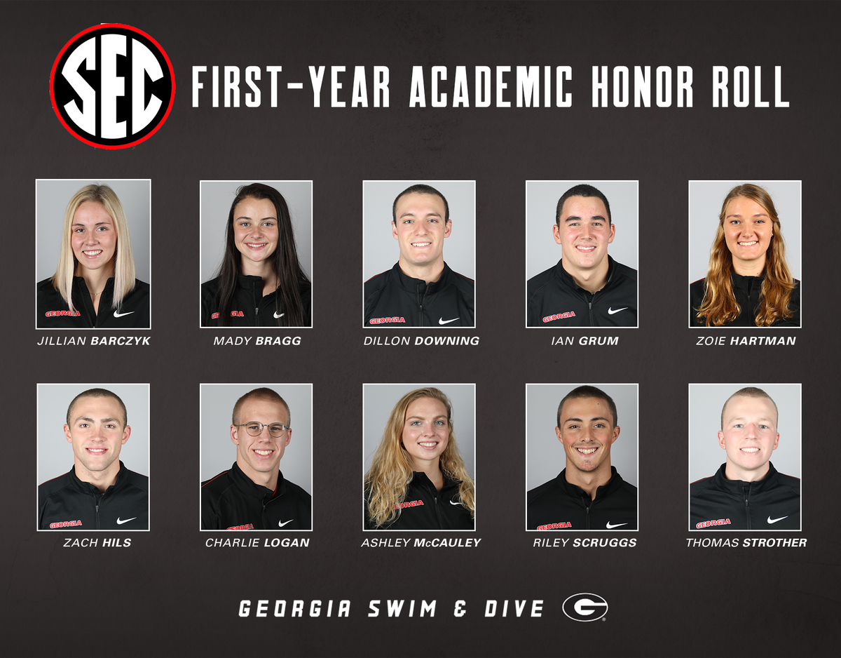 UGASwimDive's tweet photo. Congratulations to 🔟 Bulldogs on being named to the 2019-20 @SEC First-Year Academic Honor Roll!

#GoDawgs | #DGD 🐾 https://t.co/yH9KcJEXKw