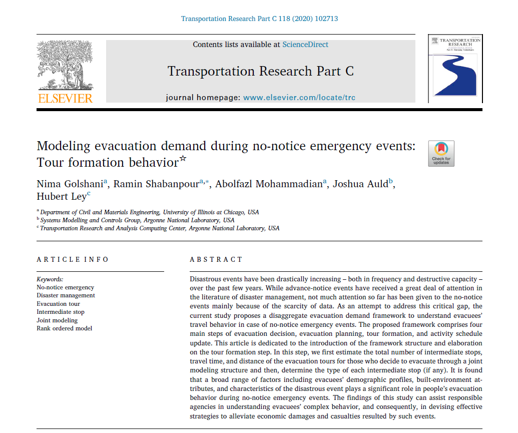 Ram_Shabanpour's tweet photo. How do people evacuate during #no_notice #disasters? Check out our new article with @nimgol &amp; @K_Mohammadian, published in #TR_C @Transport_ELS, in which we investigated evacuees' tour formation behavior. Thanks to @argonne for sponsoring this project. https://t.co/Q6IwIaKNCU https://t.co/DJQBhDgOe6