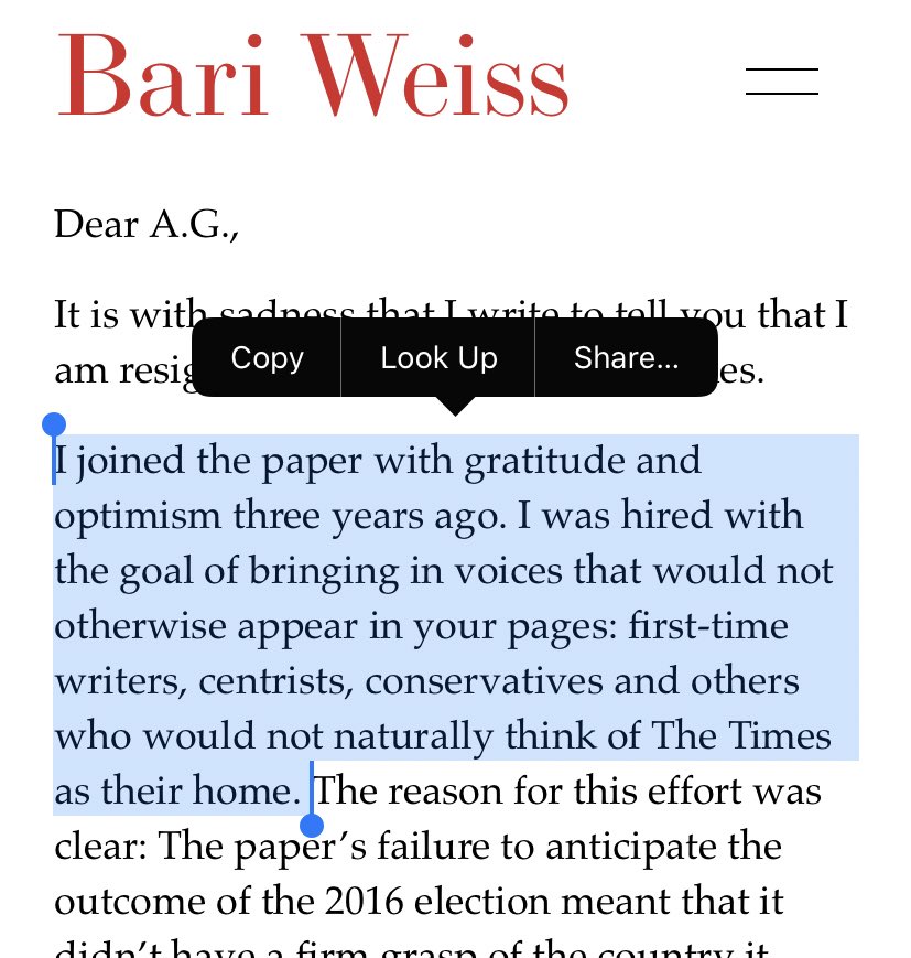 I read the “resignation letter” Bari Weiss posted on her website.It is vintage Weiss. Insufferable, endless, self-aggrandizing, asinine and contradictory.Among the gems: They wanted change but then that even applied to me!! Who will think of poor Bari?1/