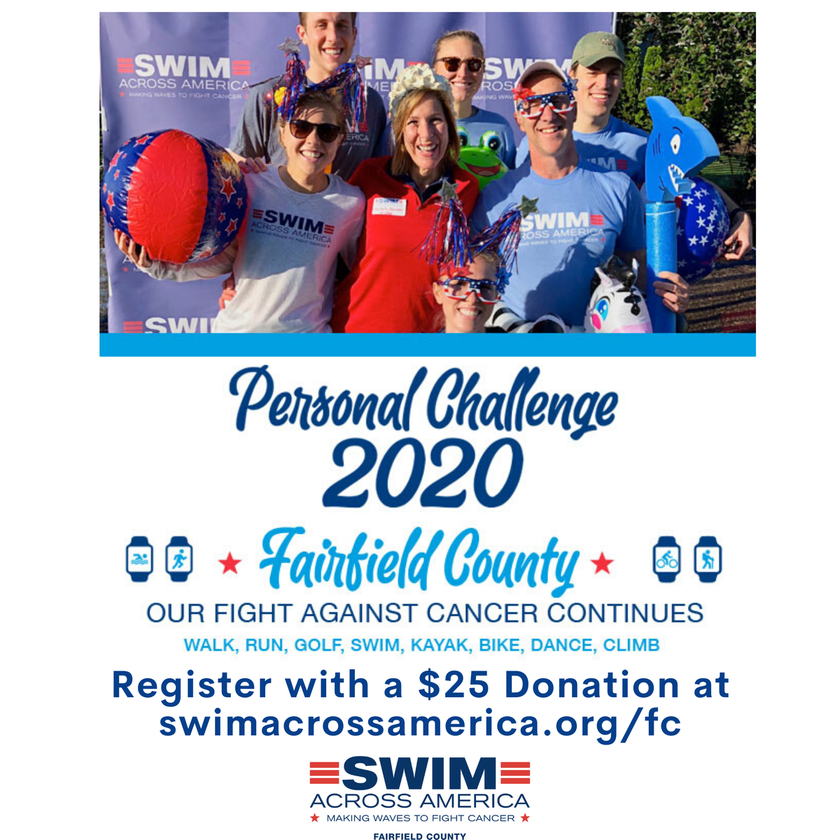 SAAFairfieldCo's tweet photo. Join us this summer! $25 donation to help #makewaves &amp; 
#fightcancer with your own “Personal Challenge 2020” — https://t.co/jZ76aIYUK8 https://t.co/wF9GmyjQfM