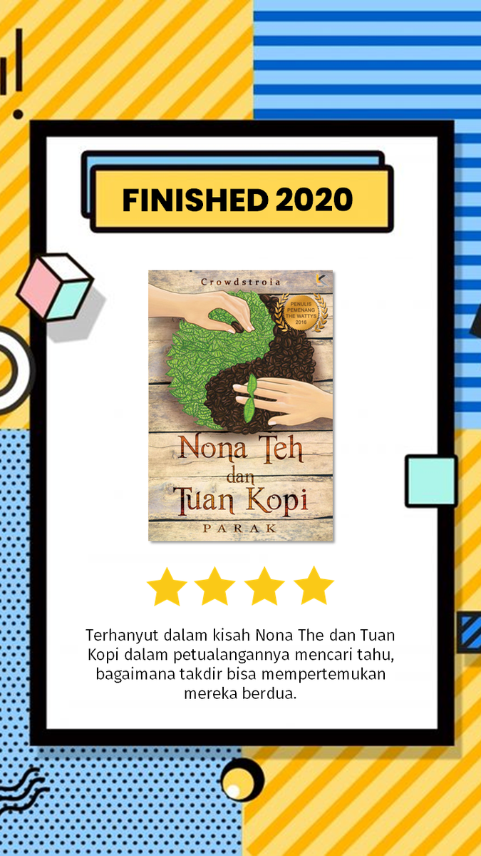 109. Parak (Nona Teh dan Tuan Kopi #1)Bacaan Wattpad pertamaku yang awalnya hanya u/ latihan editing berubah menjadi bacaan yg aku nikmati -  https://www.goodreads.com/review/show/3442491375