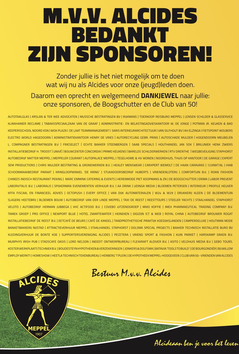 Alcides1907's tweet photo. Vandaag in de huis-aan-huis editie van de @MeppelerCourant : een paginagroot DANKJEWEL voor onze sponsoren, businessclub De Boogschutter en Club van 50! Omdat het zonder hen niet kan... https://t.co/1bHzTmgHQV