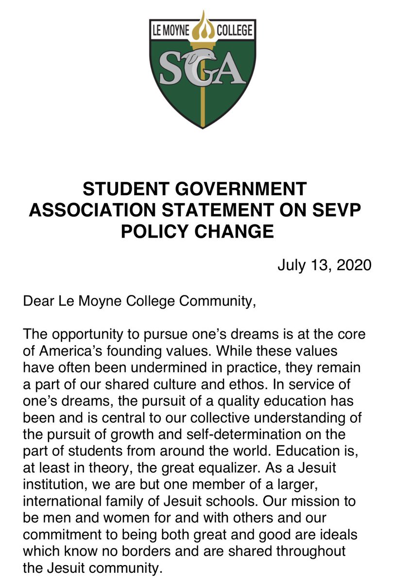 lemoyneSGA's tweet photo. "Our community would not be complete without our international students and alumni. As leaders of the student body, we unequivocally oppose this cruel, discriminatory policy and we will call for our representatives in Congress to do the same." https://t.co/A80EbsiFa7