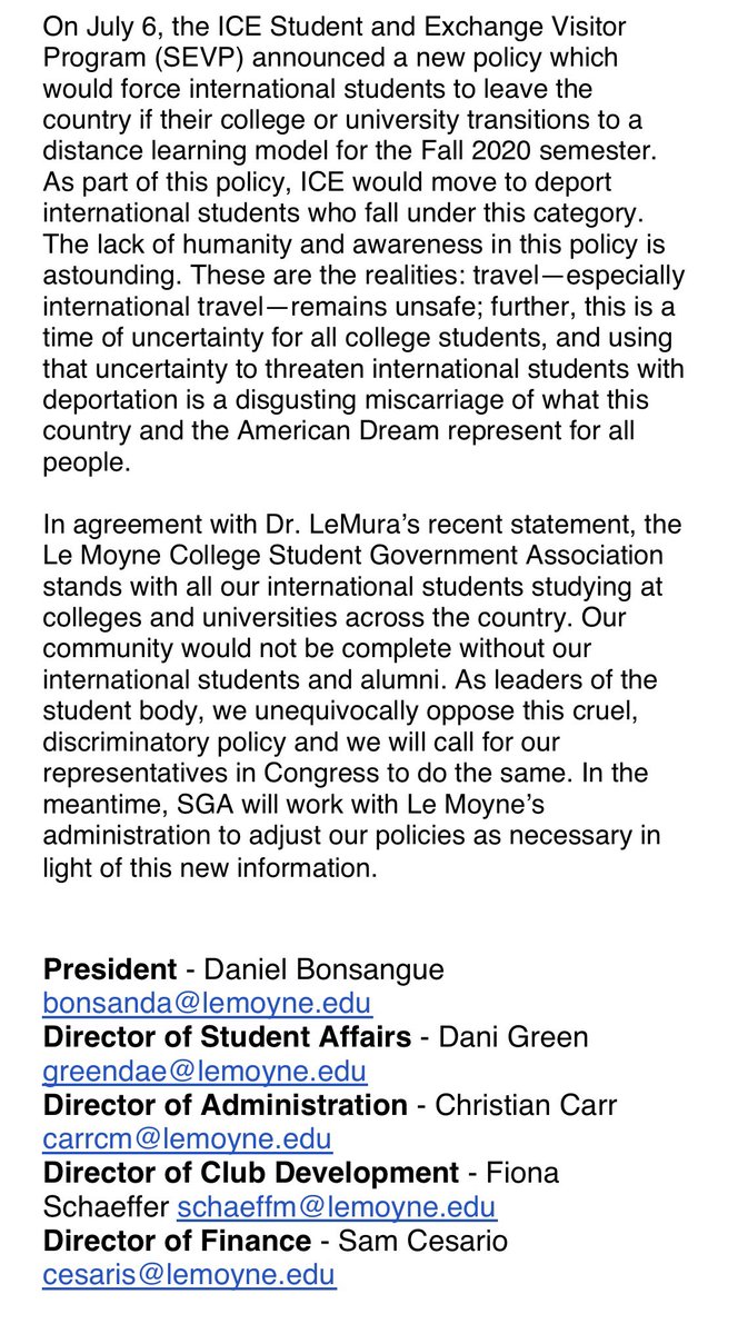 lemoyneSGA's tweet photo. "Our community would not be complete without our international students and alumni. As leaders of the student body, we unequivocally oppose this cruel, discriminatory policy and we will call for our representatives in Congress to do the same." https://t.co/A80EbsiFa7